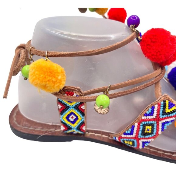 SIZE 7.5 Sam Edelman Lisabeth Beaded Charm Pom Boho Hippie Leather Sandals - Picture 4 of 12